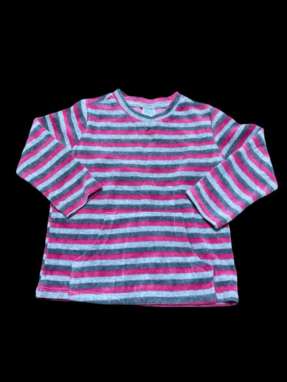 👣 5/$25 - Pink/Grey Striped Velour Sweater w/ Kangaroo Pocket